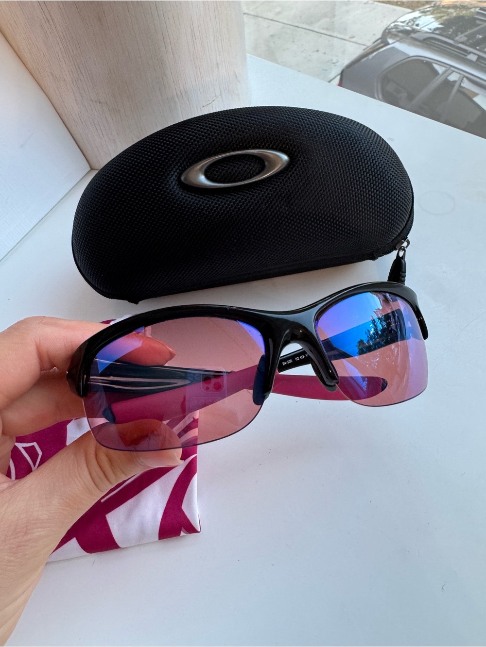 Oakley Black Frame Sunglasses with Pink and Blue Mirrored Lenses - Picture 5 of 12
